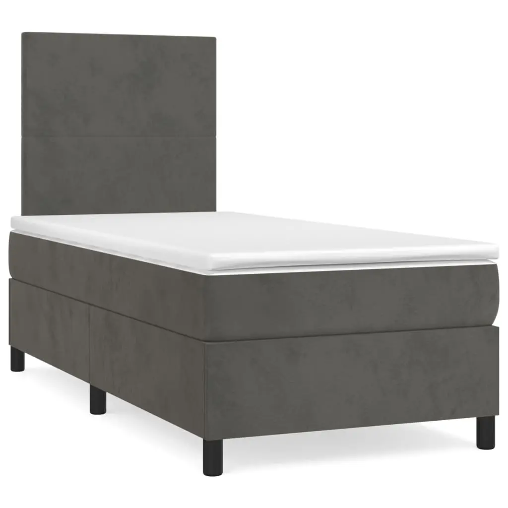 King Single Box Spring Bed 106x203cm Dark Grey Velvet Pocket Spring Mattress Adjustable Headboard Medium Firm