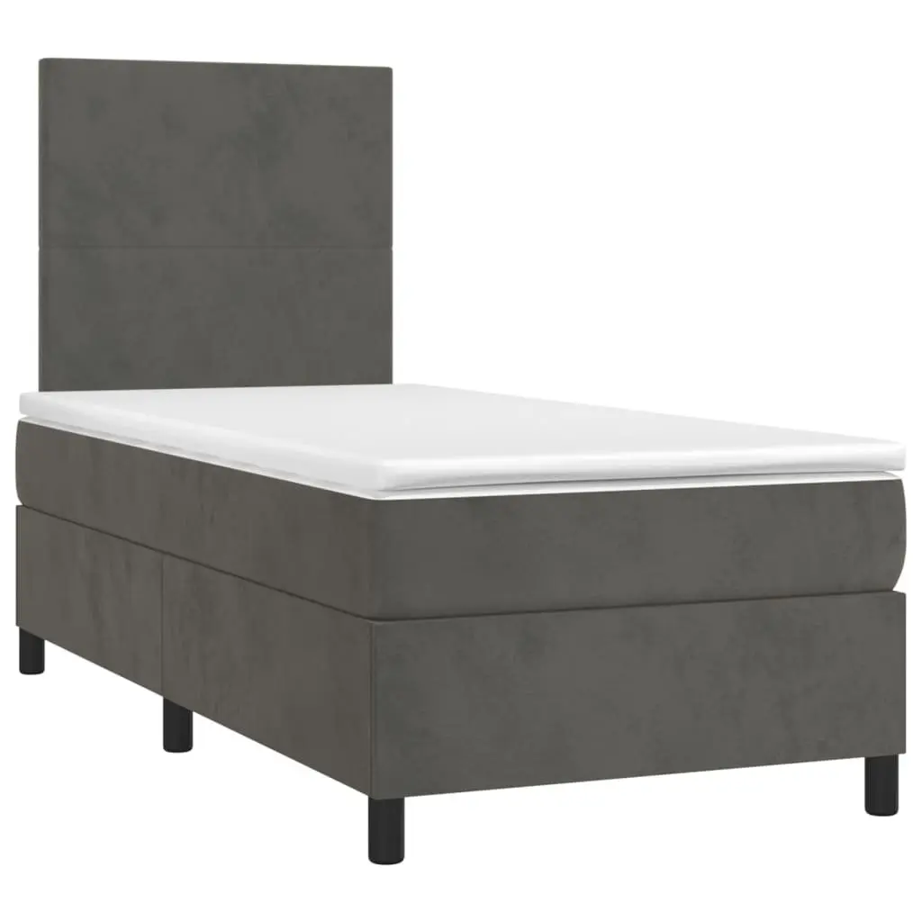King Single Box Spring Bed 106x203cm Dark Grey Velvet Pocket Spring Mattress Adjustable Headboard Medium Firm