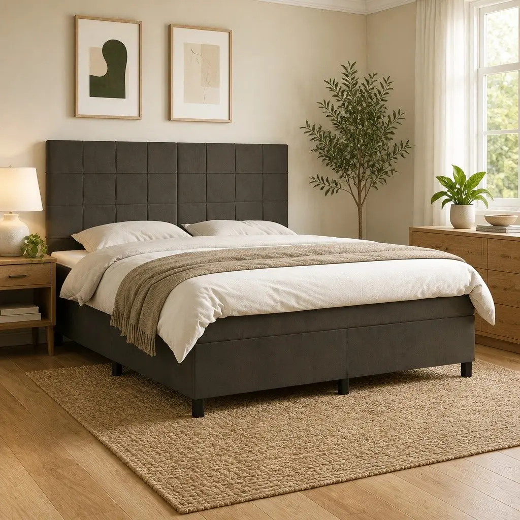 Queen Size Box Spring Bed Velvet Upholstered Frame Pocket Spring Mattress Grey