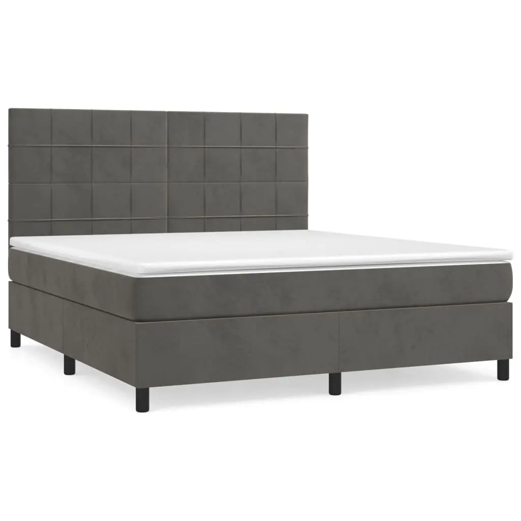 Queen Size Box Spring Bed Velvet Upholstered Frame Pocket Spring Mattress Grey