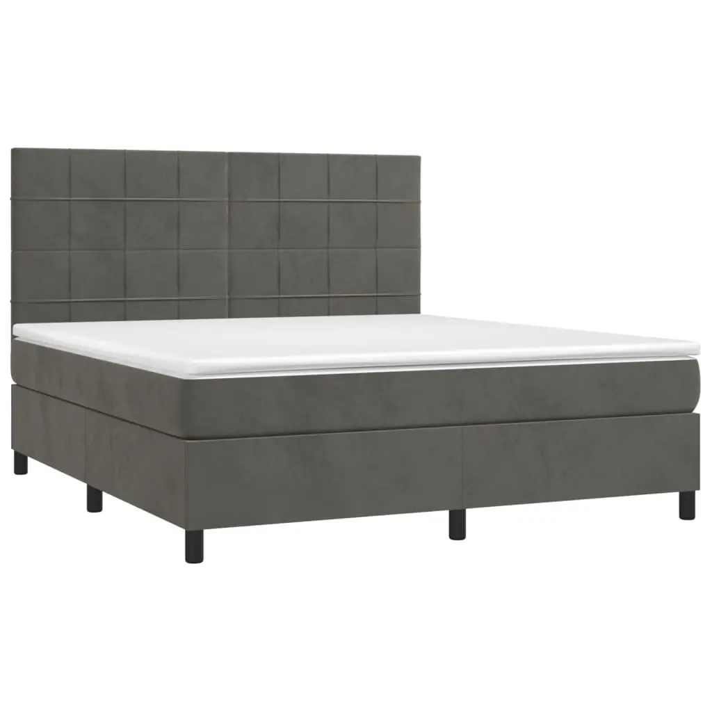 Queen Size Box Spring Bed Velvet Upholstered Frame Pocket Spring Mattress Grey