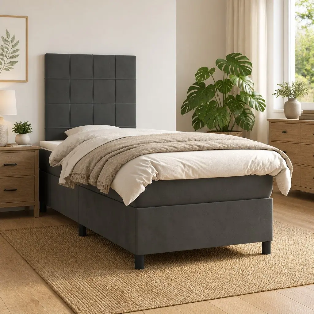 Box Spring Bed with Pocket Spring Mattress Adjustable Headboard Grey Velvet King Single 106x203cm