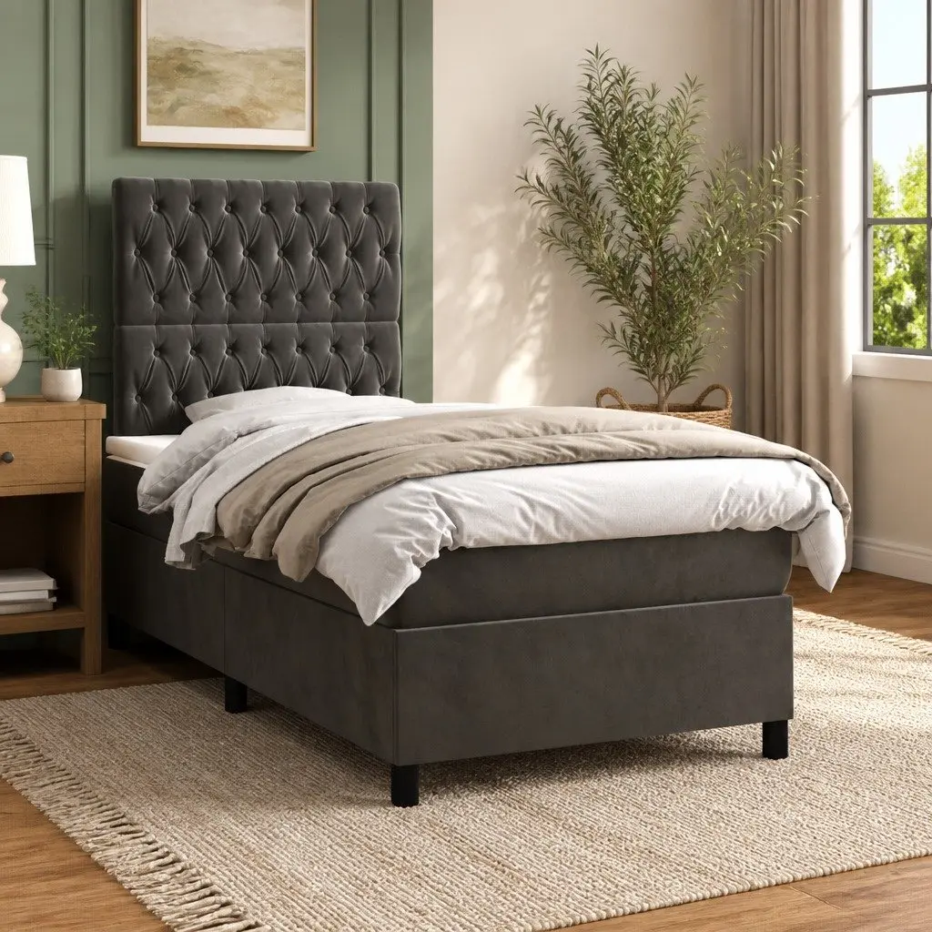 Box Spring Bed Velvet King Single Pocket Spring Mattress Grey 106x203 cm