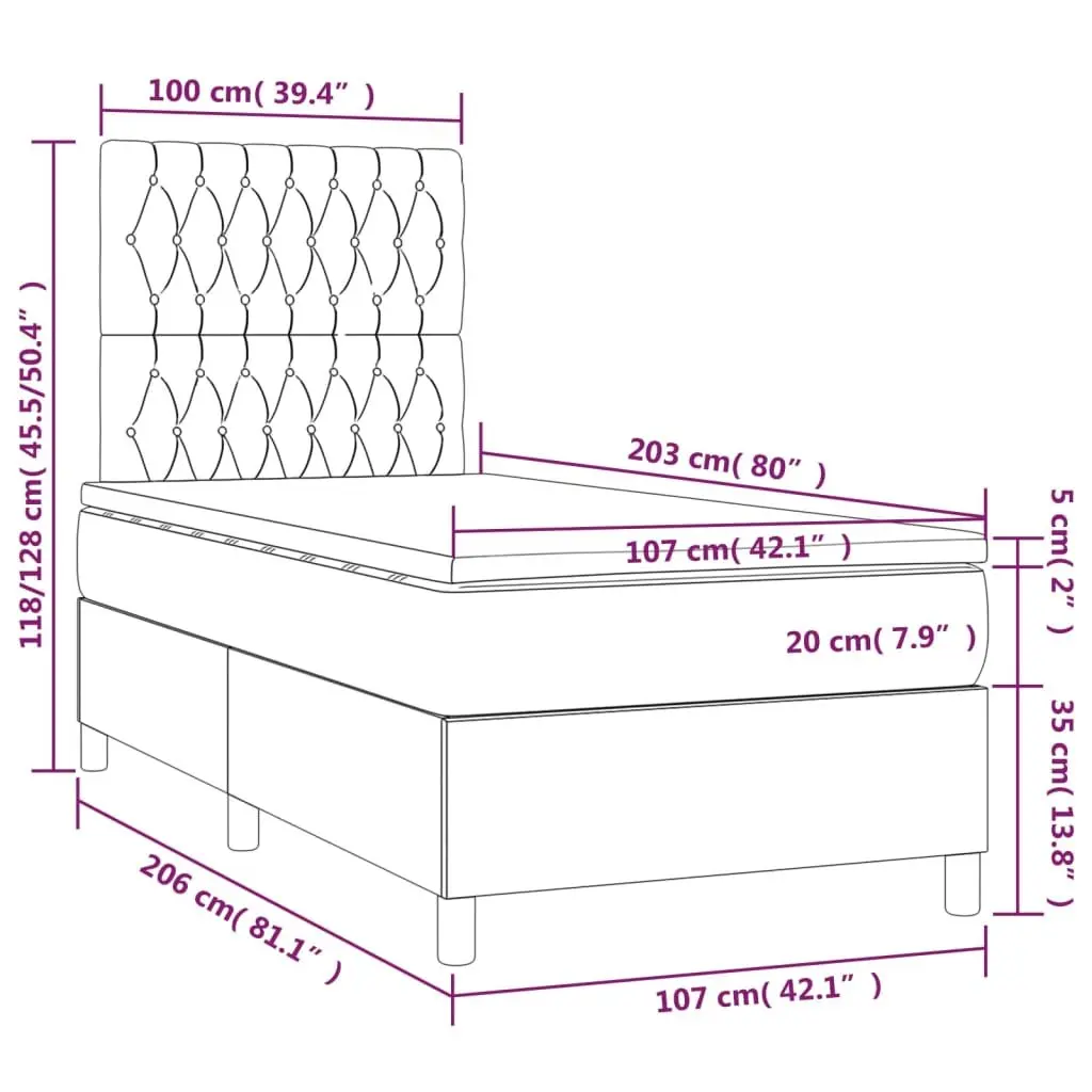 Box Spring Bed Velvet King Single Pocket Spring Mattress Grey 106x203 cm