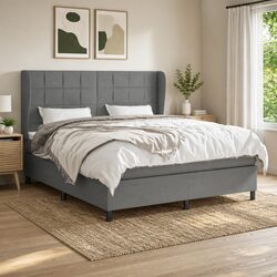 Queen Size Box Spring Bed with Pocket Spring Mattress Dark Grey Fabric