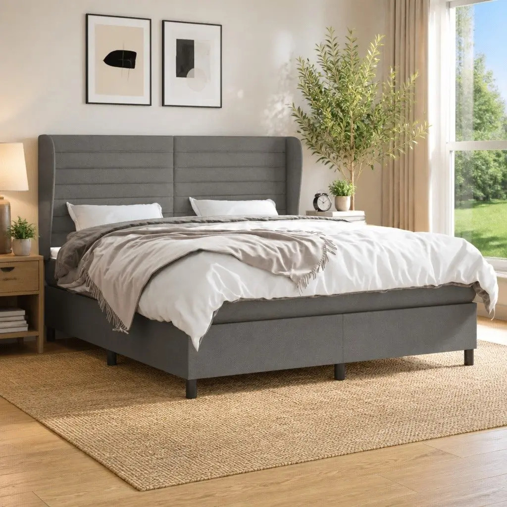 Queen Size Boxspring Bed Fabric Frame Adjustable Headboard Dark Grey with Pocket Spring Mattress