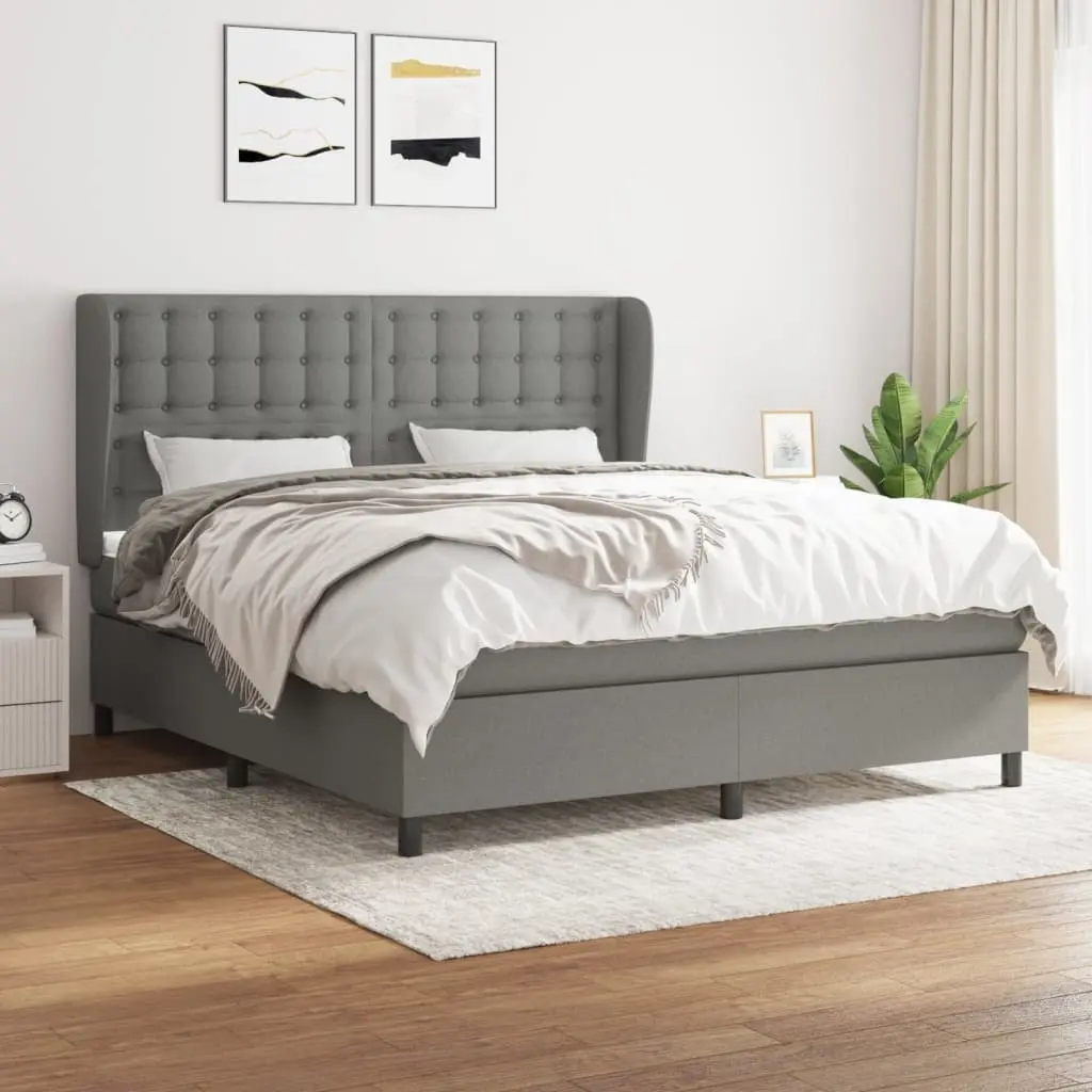Queen Bed with Dark Grey Fabric Headboard and Pocket Spring Mattress Adjustable Height Slatted Base