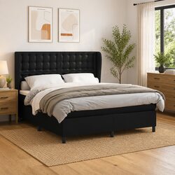 Queen Size Box Spring Bed with Pocket Spring Mattress Black Faux Leather