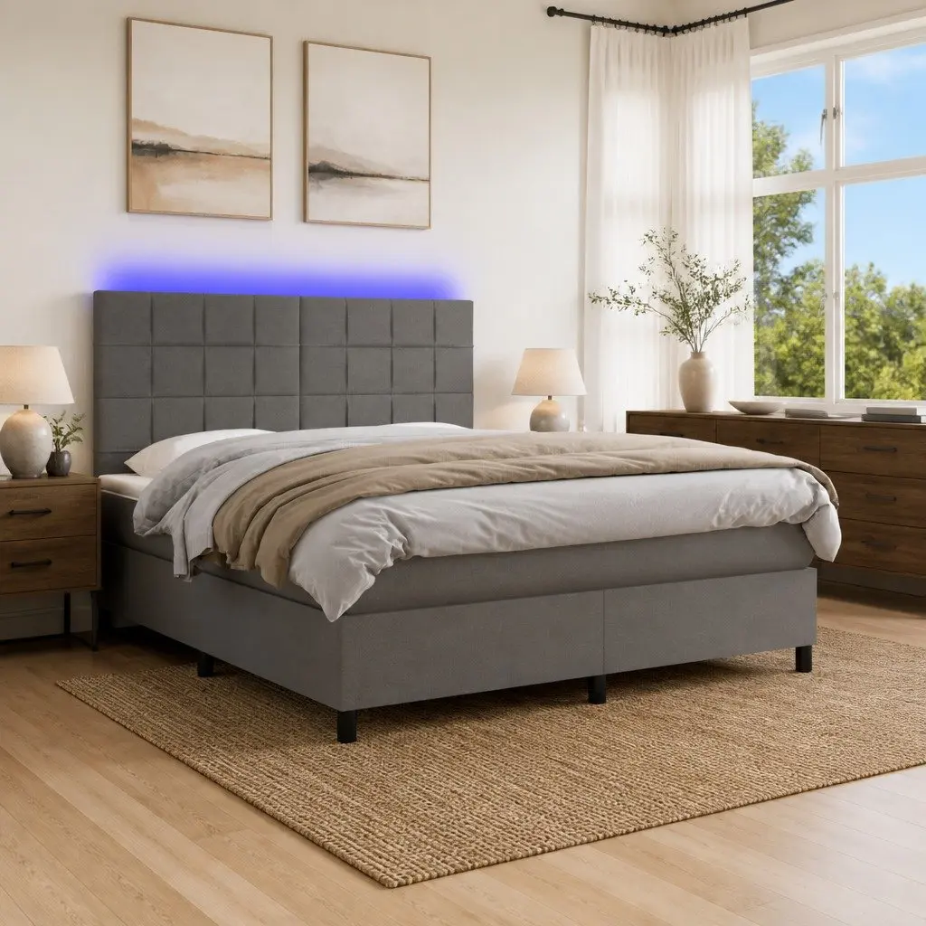 Queen Size Box Spring Bed with Pocket Mattress LED Headboard Grey Fabric