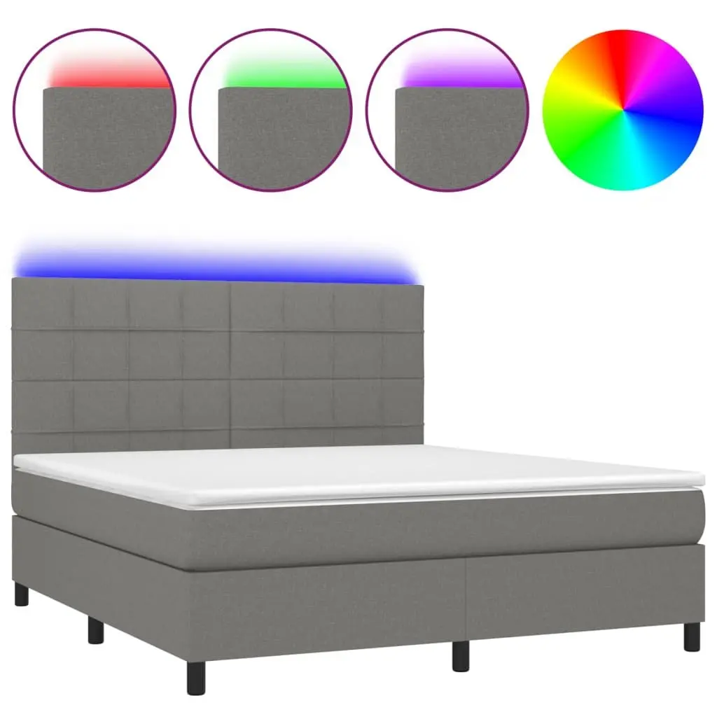 Queen Size Box Spring Bed with Pocket Mattress LED Headboard Grey Fabric