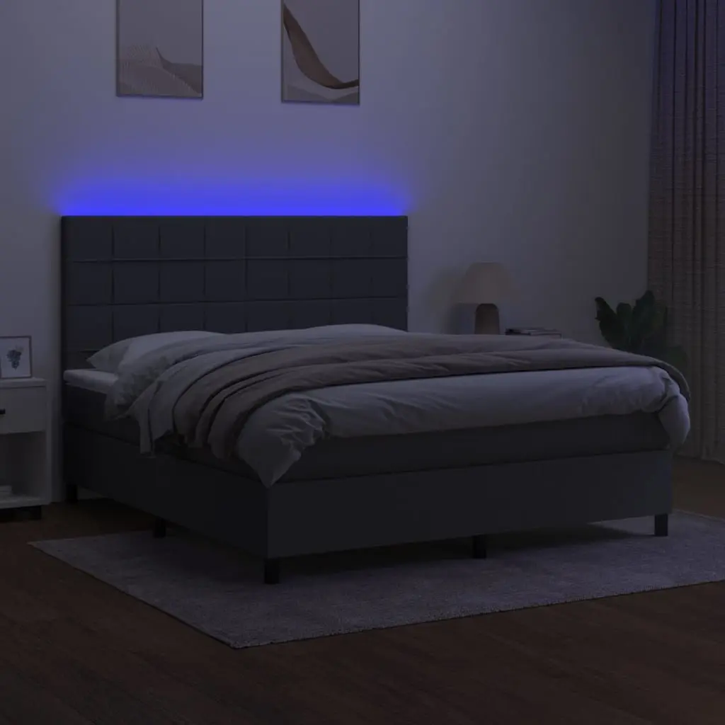Queen Size Box Spring Bed with Pocket Mattress LED Headboard Grey Fabric