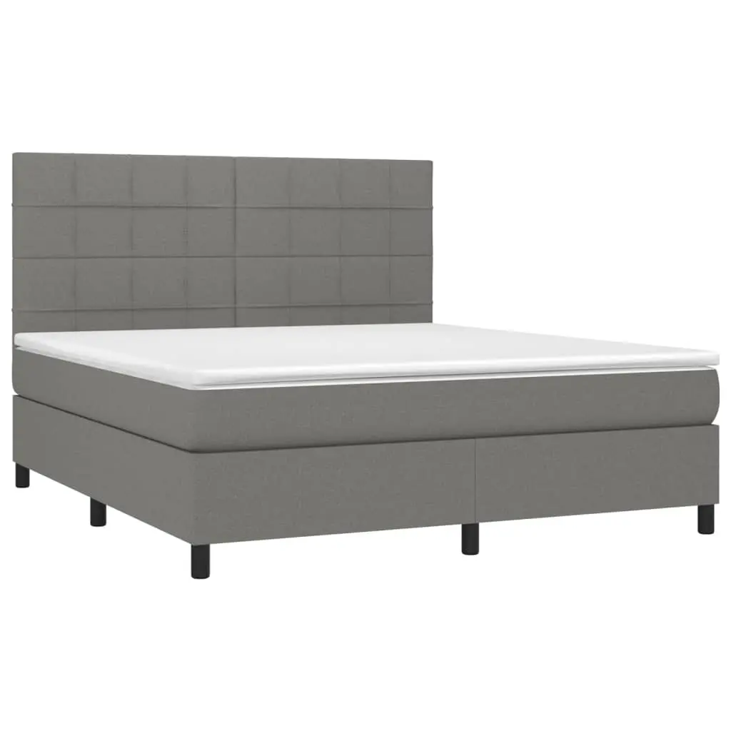 Queen Size Box Spring Bed with Pocket Mattress LED Headboard Grey Fabric