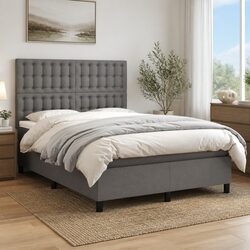 Box Spring Bed with Pocket Mattress LED Headboard Grey Fabric Double 137x187cm