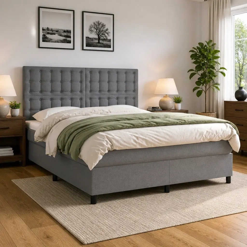 Queen Size Box Spring Bed Fabric Pocket Spring Mattress Adjustable LED Headboard Grey 153x203cm