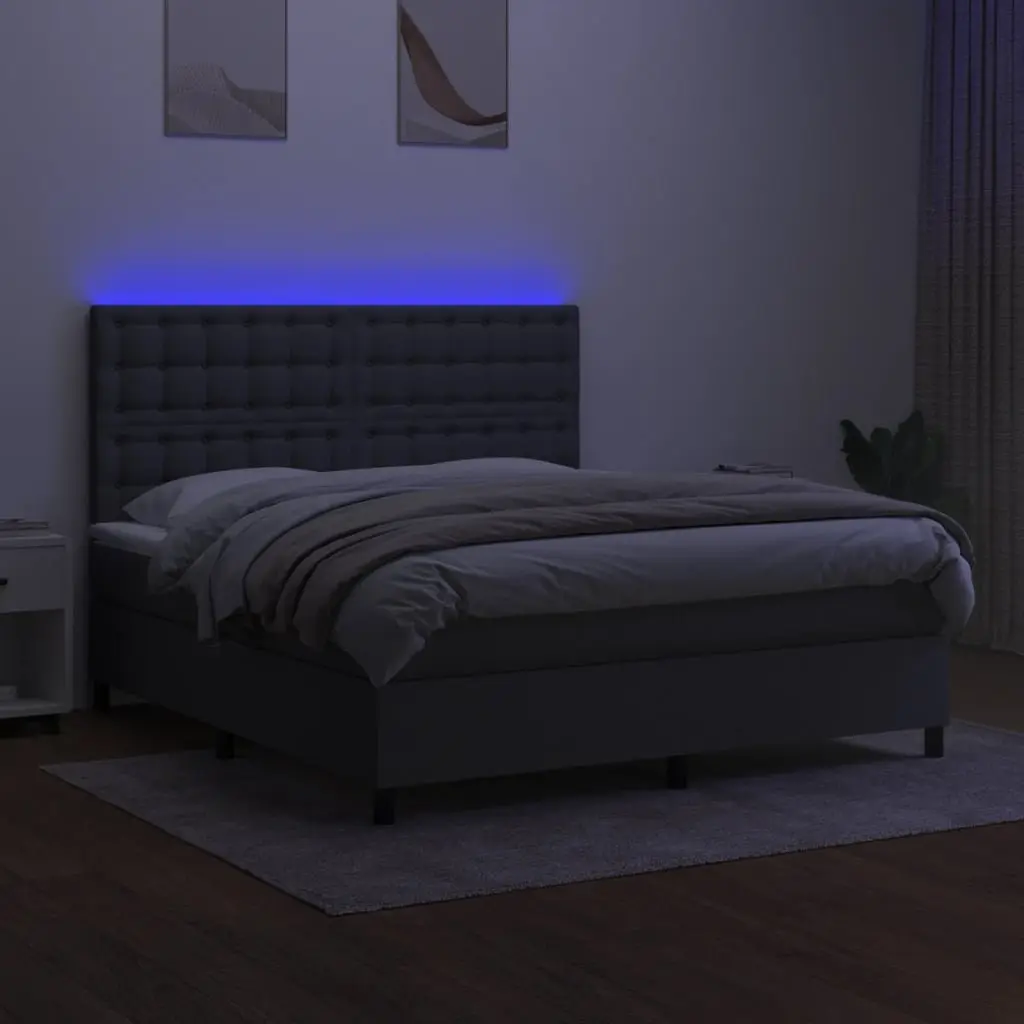Queen Size Box Spring Bed Fabric Pocket Spring Mattress Adjustable LED Headboard Grey 153x203cm