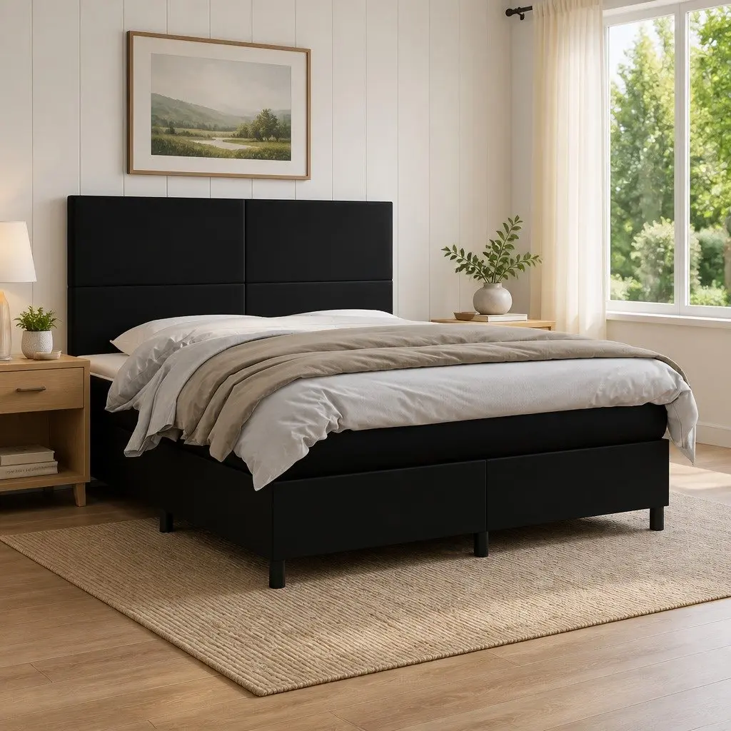 Box Spring Bed with Pocket Spring Mattress Adjustable Headboard Black Faux Leather Queen Size