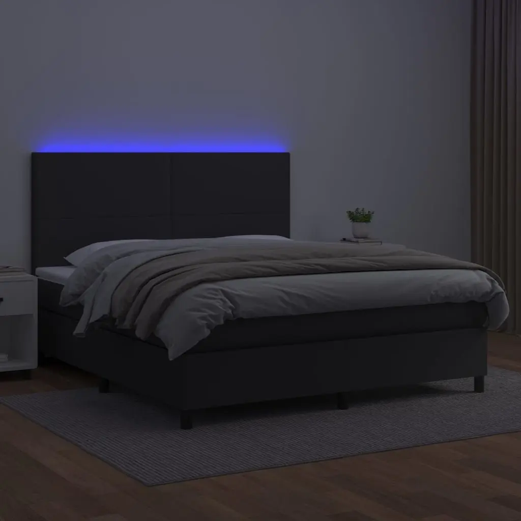 Box Spring Bed with Pocket Spring Mattress Adjustable Headboard Black Faux Leather Queen Size