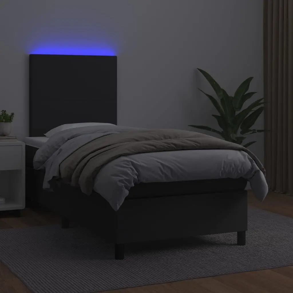 King Single Box Spring Bed with LED Lights Faux Leather Headboard Mattress