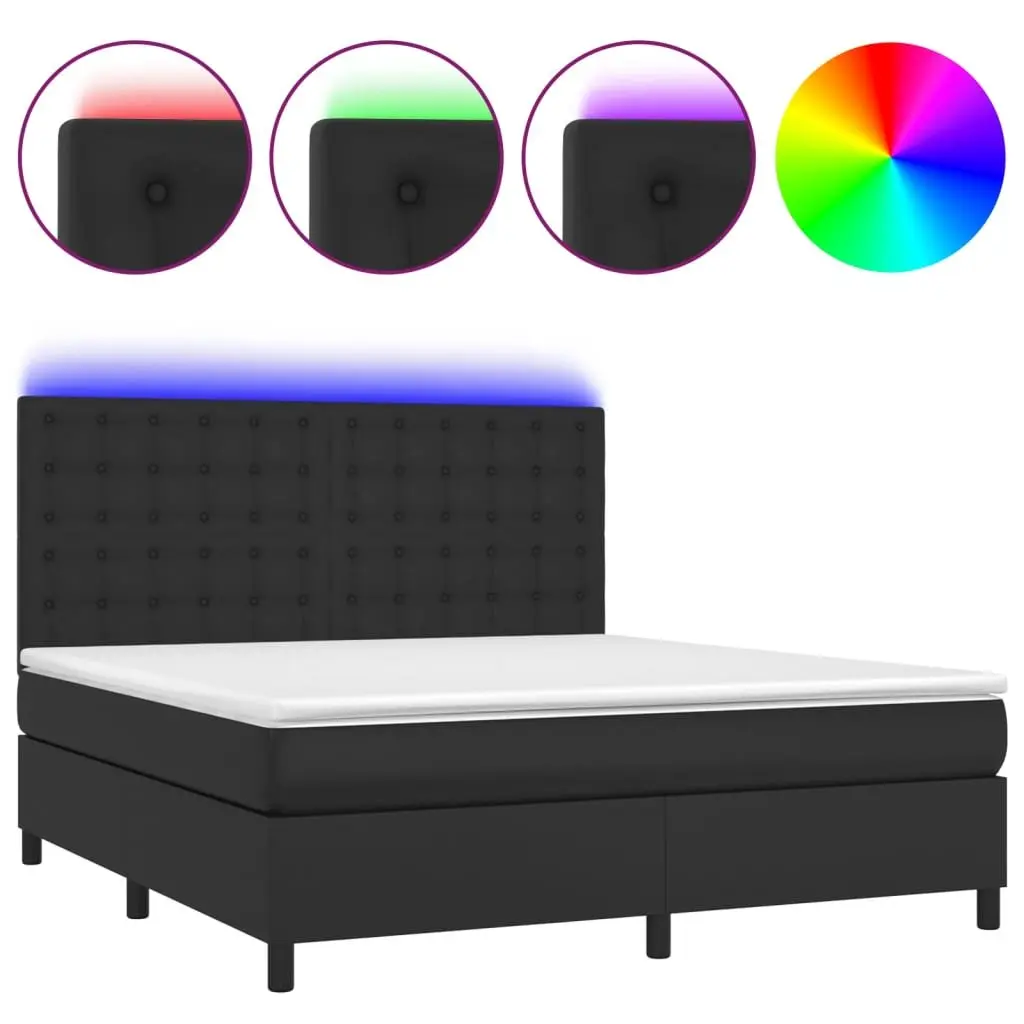 Queen Size Box Spring Bed with Pocket Mattress LED Headboard Black Faux Leather