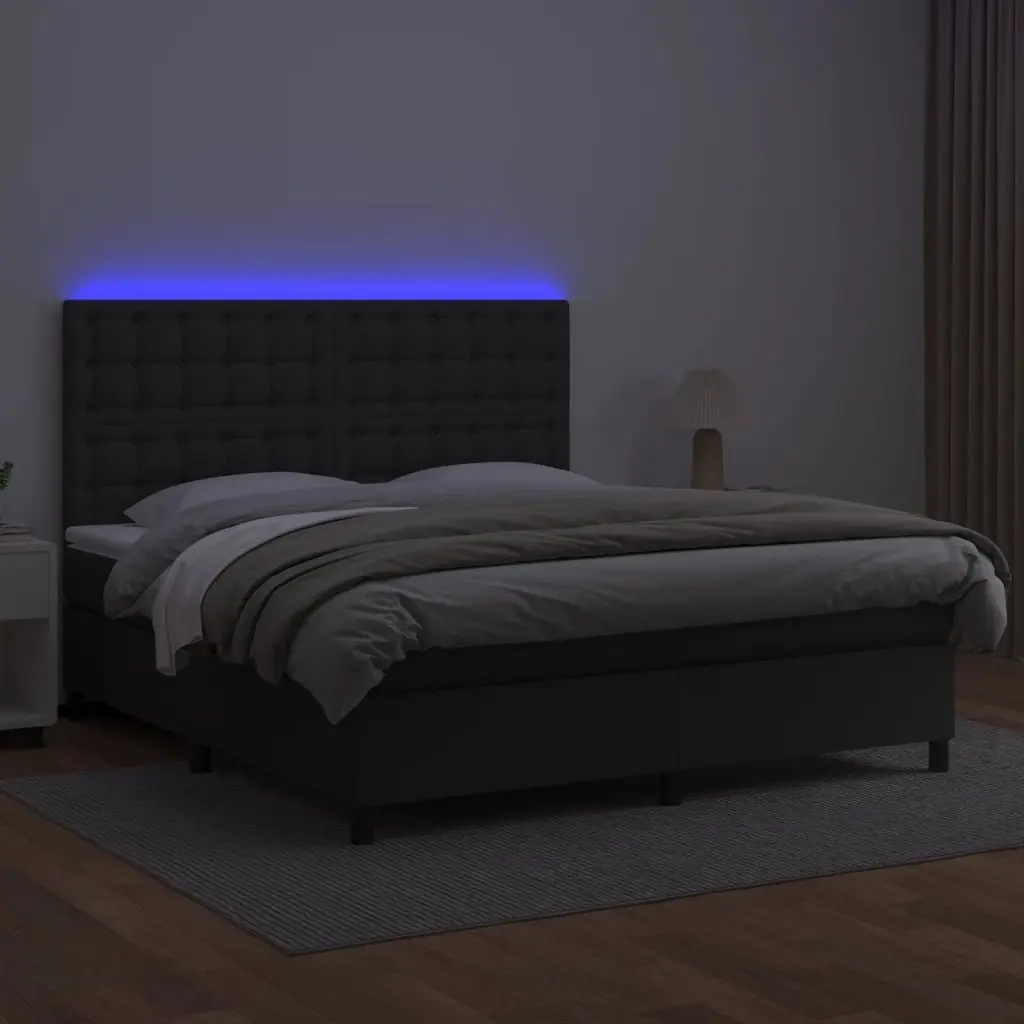 Queen Size Box Spring Bed with Pocket Mattress LED Headboard Black Faux Leather