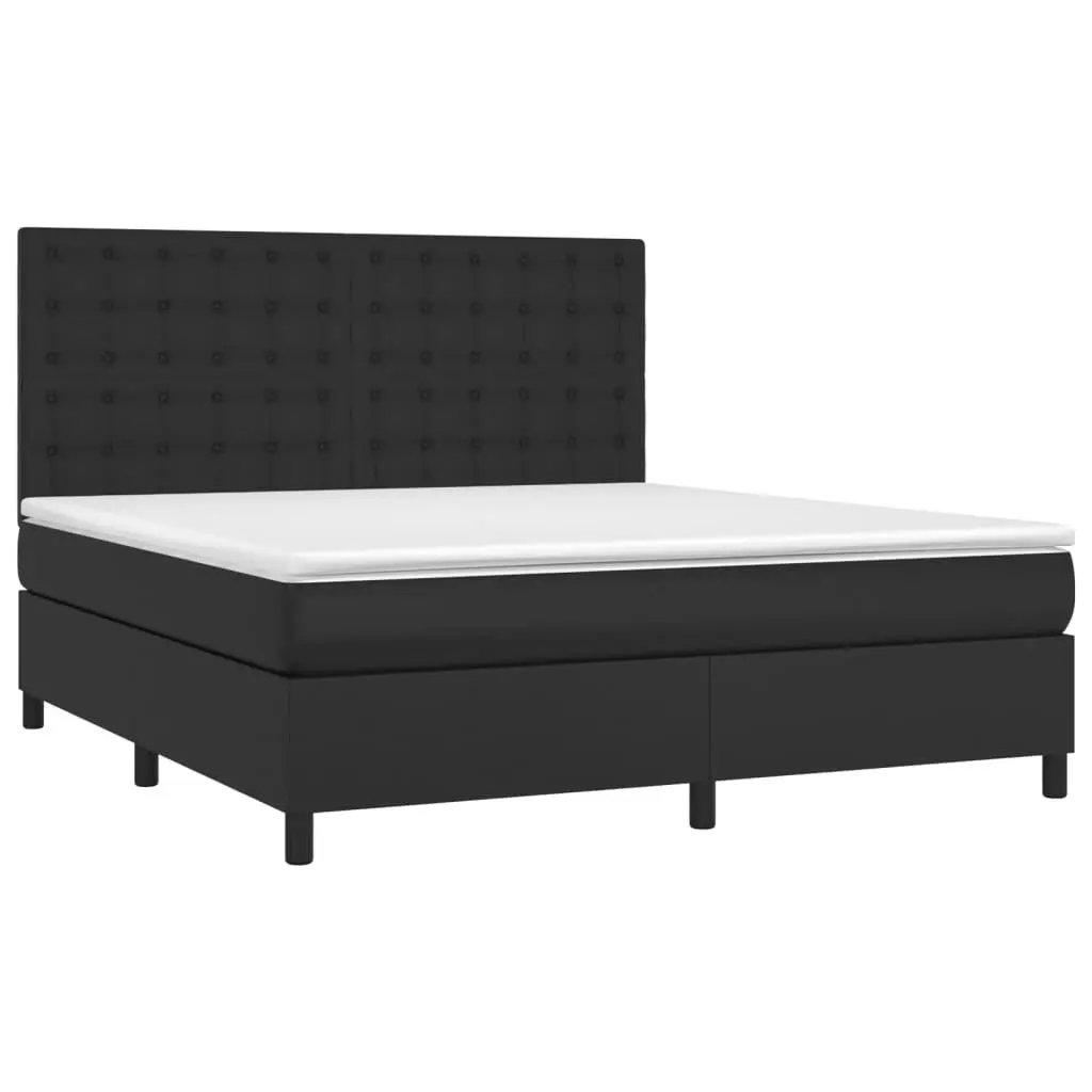 Queen Size Box Spring Bed with Pocket Mattress LED Headboard Black Faux Leather
