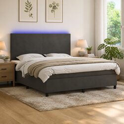 Box Spring Bed with Adjustable Headboard and LED Lights