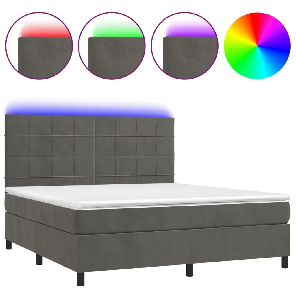 Queen Size Velvet Box Spring Bed with Adjustable LED Headboard Pocket Spring Mattress Dark Grey