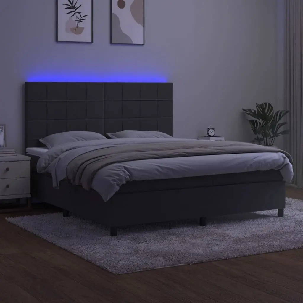 Queen Size Velvet Box Spring Bed with Adjustable LED Headboard Pocket Spring Mattress Dark Grey