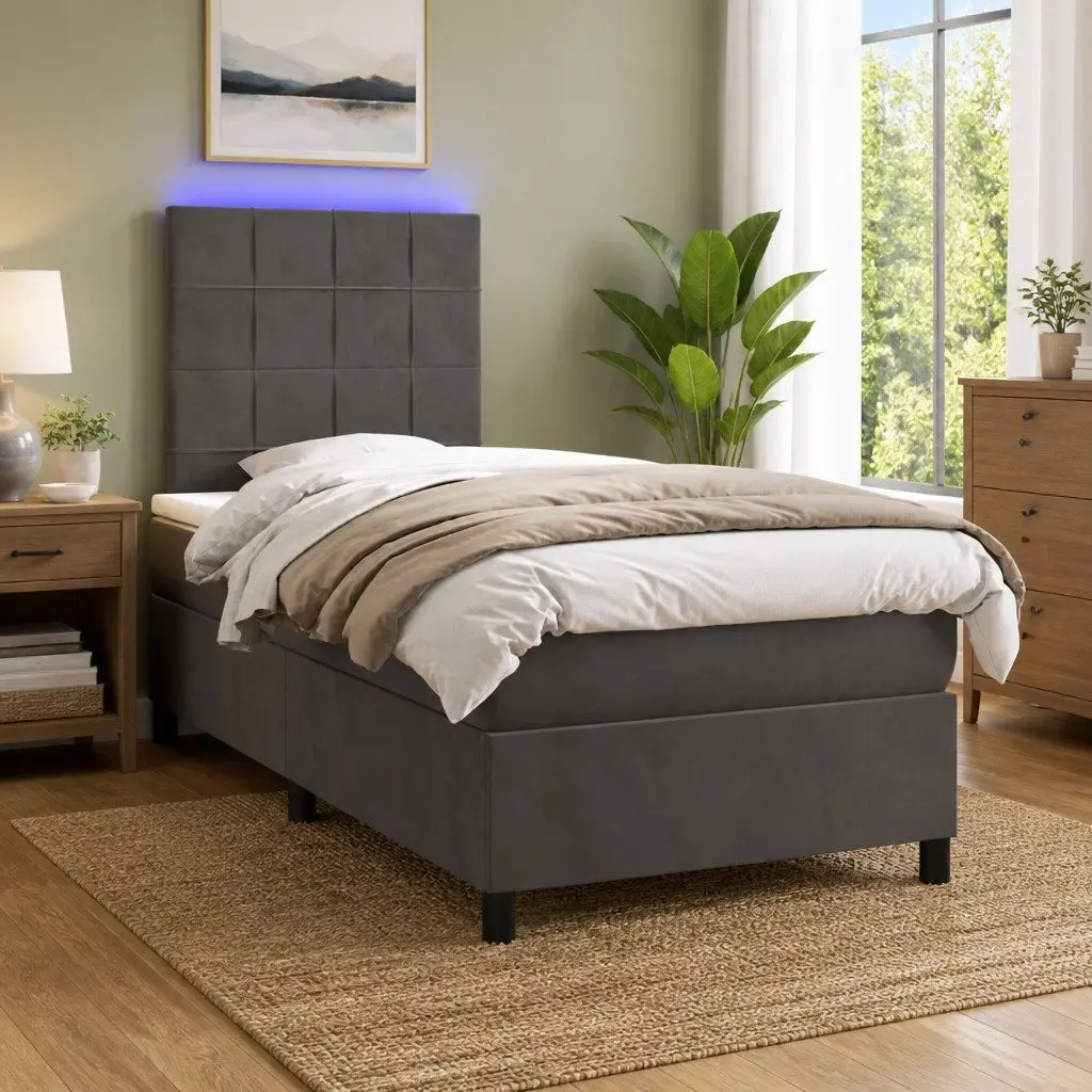Box Spring Bed with Velvet Headboard Pocket Spring Mattress King Single Dark Grey
