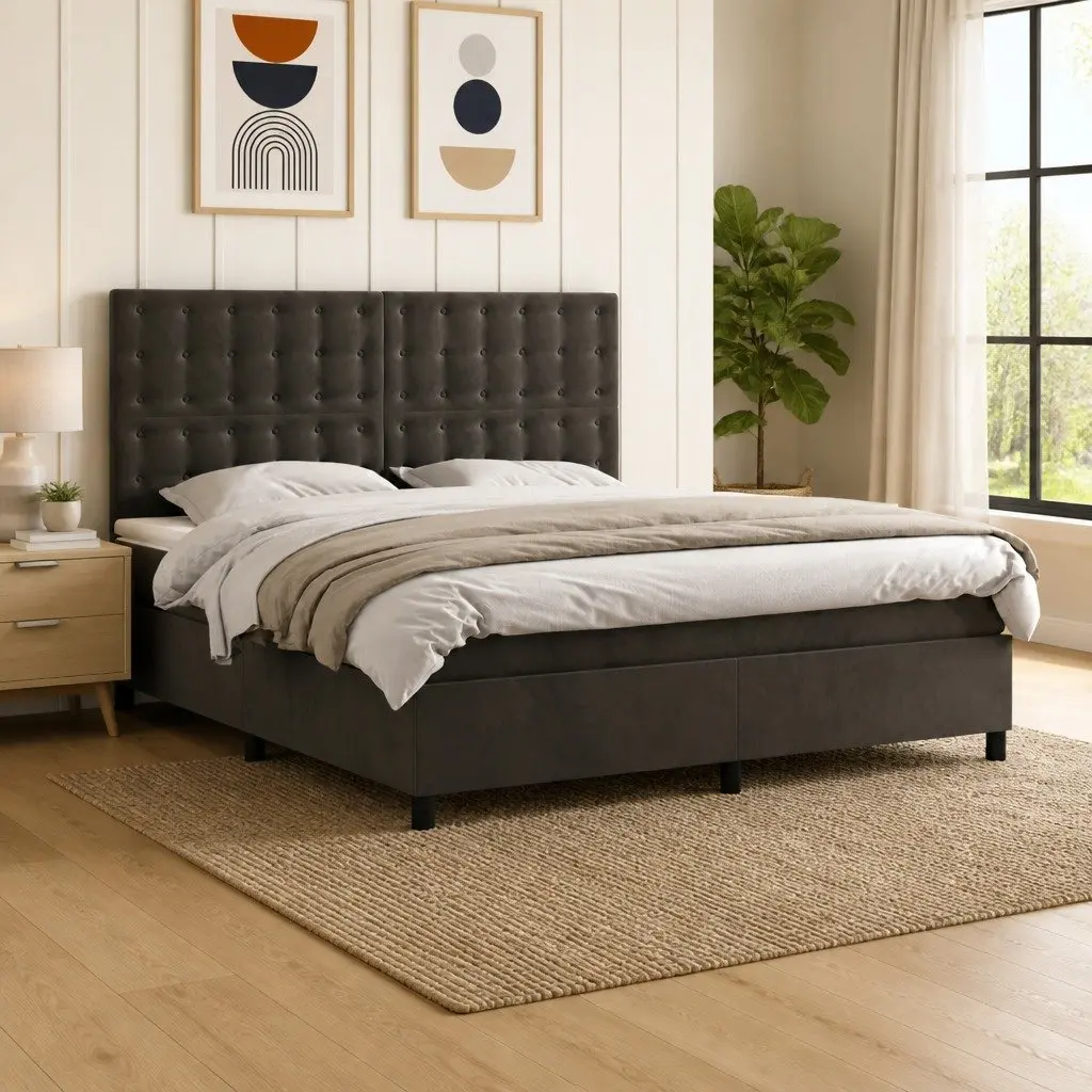 Box Spring Bed Velvet Queen Size Grey with LED Lights and Pocket Spring Mattress
