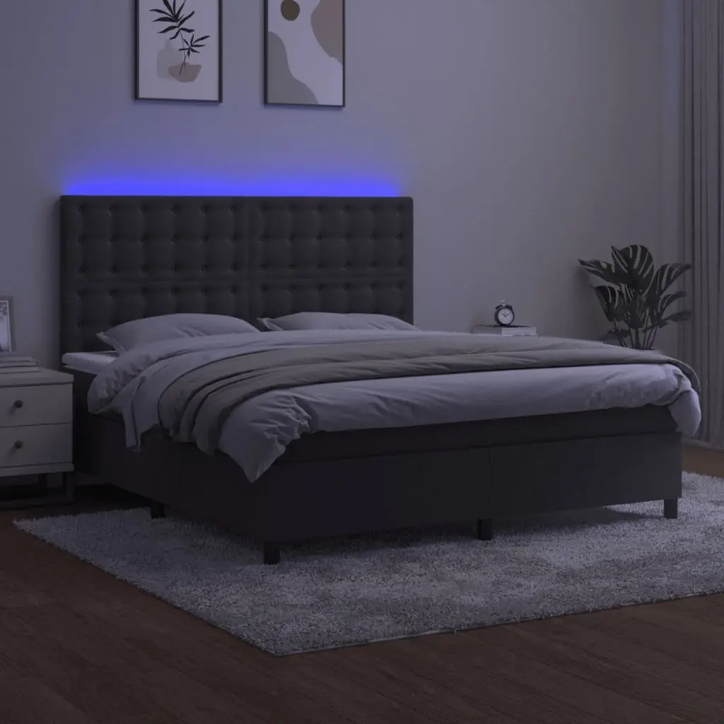 Box Spring Bed Velvet Queen Size Grey with LED Lights and Pocket Spring Mattress