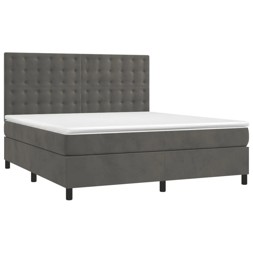 Box Spring Bed Velvet Queen Size Grey with LED Lights and Pocket Spring Mattress