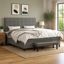 Queen Size Box Spring Bed with Pocket Mattress Grey Fabric Headboard Bench