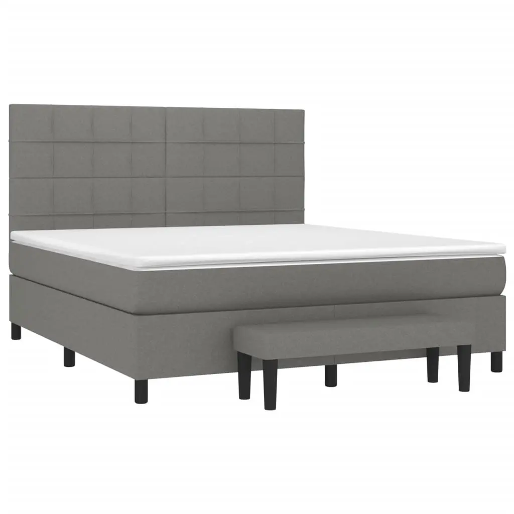 Queen Size Box Spring Bed with Pocket Mattress Grey Fabric Headboard Bench