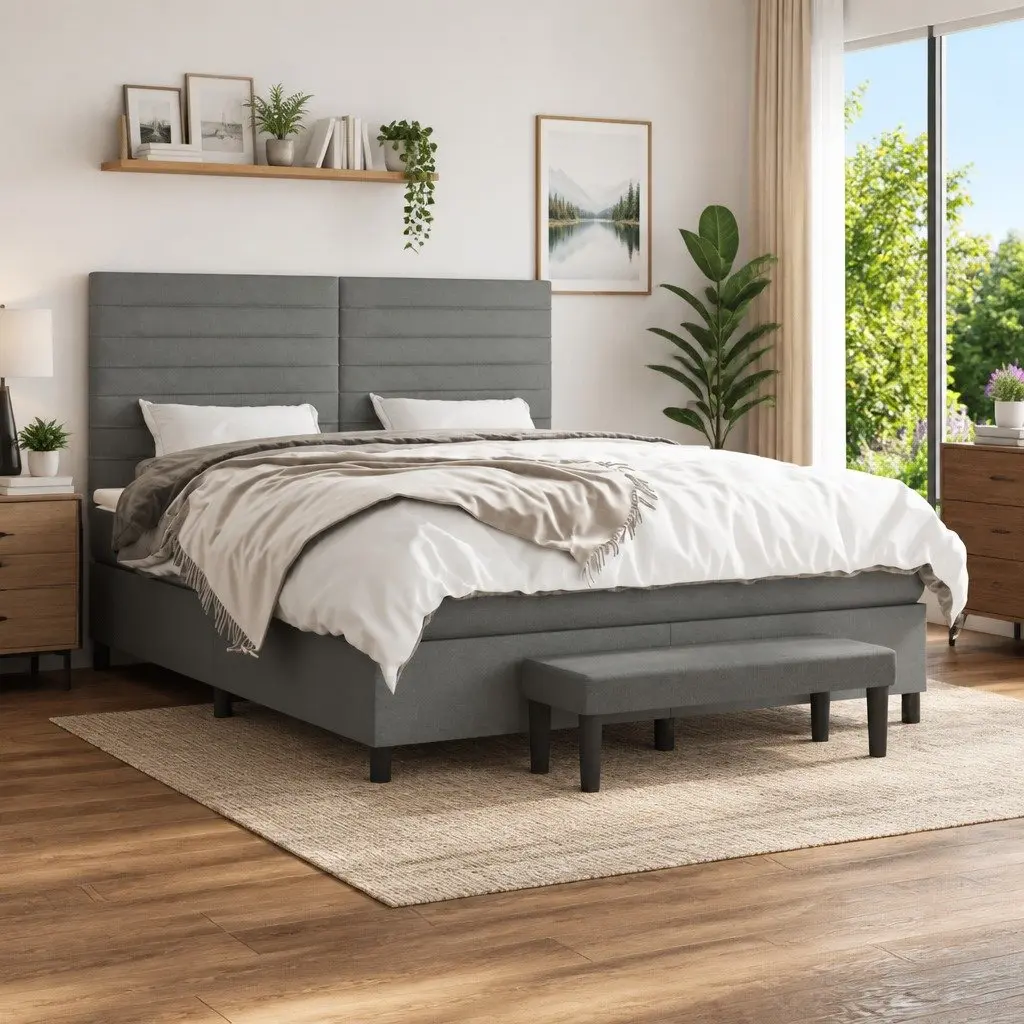 Queen Box Spring Bed with Mattress Dark Grey Fabric Adjustable Headboard