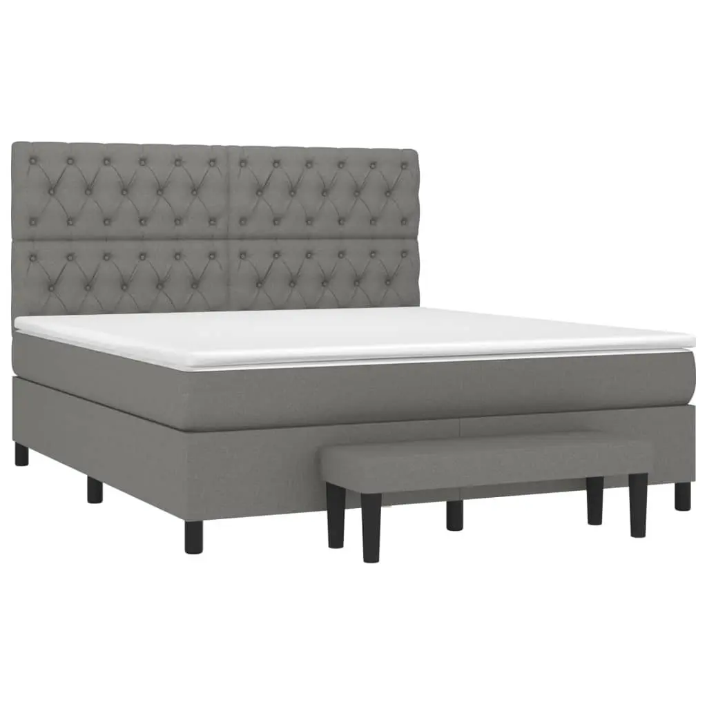 Pocket Spring Mattress Box Spring Bed Dark Grey Fabric Adjustable Headboard Queen Size with Slatted Base and End-of-Bed Bench