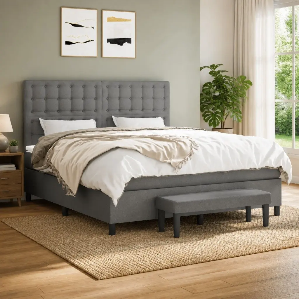 Queen Box Spring Bed Fabric Dark Grey Adjustable Headboard 152x203 cm