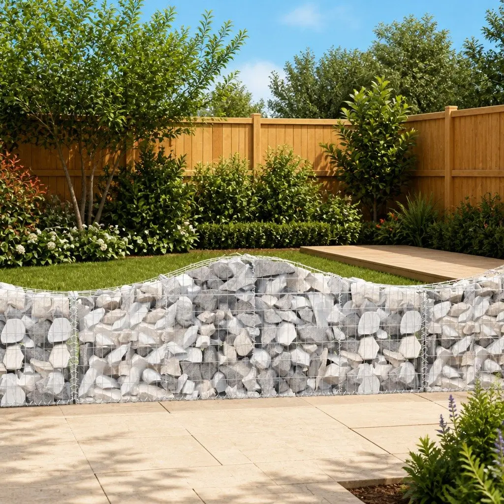 Gabion Baskets Arched Outdoor Decorative Garden Barriers 7 Piece Galvanised Iron 200x30x60/80cm Silver Sound Insulating Retaining Walls