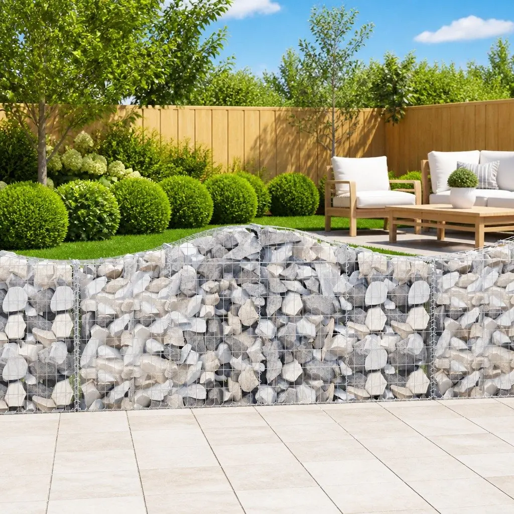 Gabion Baskets 6 Piece Silver Outdoor Garden Barrier Decorative Arched Wall Galvanised Iron 200x30x80 100cm