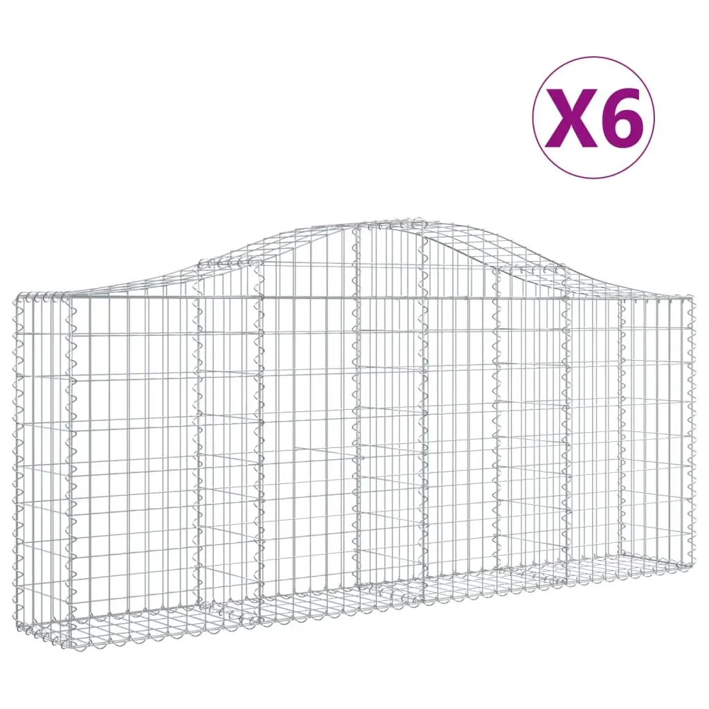 Gabion Baskets 6 Piece Silver Outdoor Garden Barrier Decorative Arched Wall Galvanised Iron 200x30x80 100cm