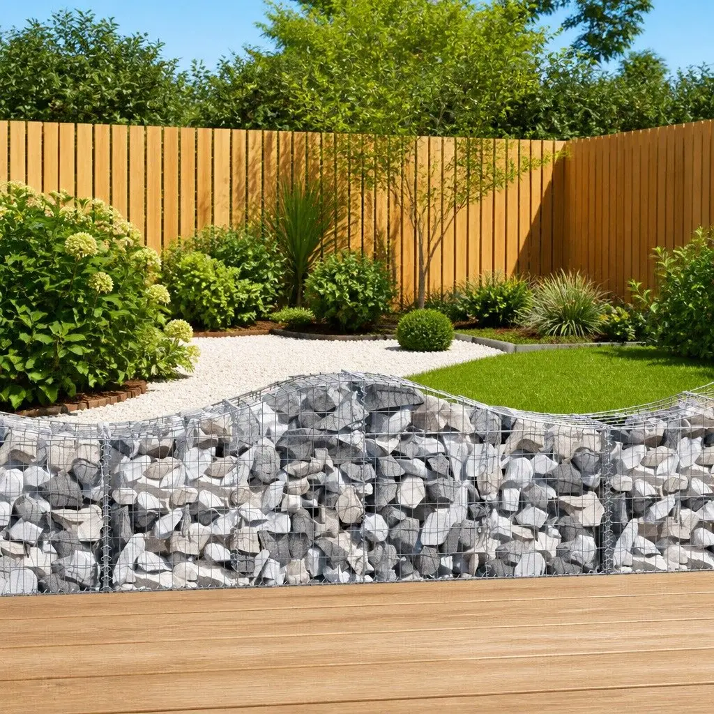Arched Gabion Baskets Set 7 pcs Galvanised Iron Silver 200 x 50 x 60/80 cm Garden Retaining Wall Decorative Barrier