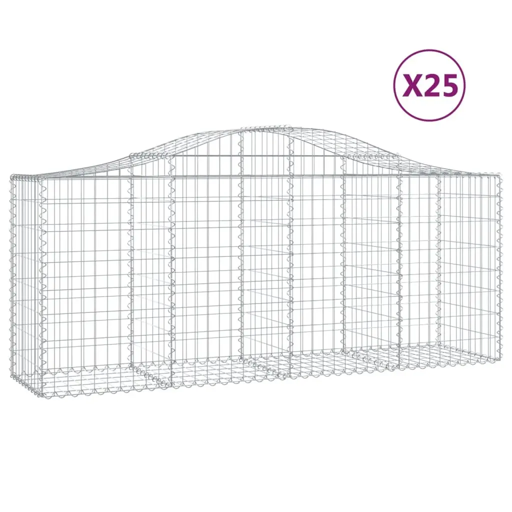 Arched Gabion Baskets Galvanised Iron 200 x 50 x 80/100 cm Silver 25 Piece Garden Barrier Retaining Wall Outdoor Decorative
