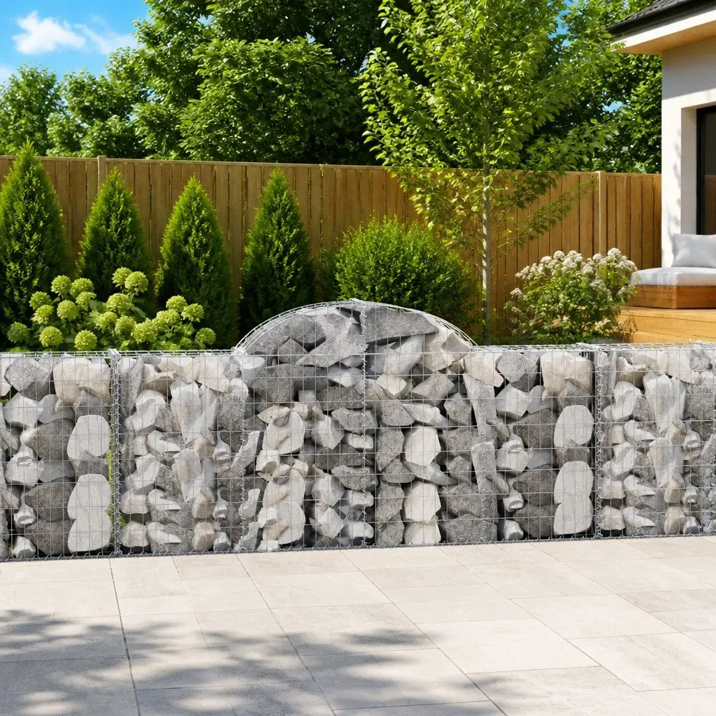 Arched Gabion Baskets Galvanised Iron 200 x 30 x 80/100 cm Silver 2 Piece Garden Barrier Decorative Retaining Wall Outdoor
