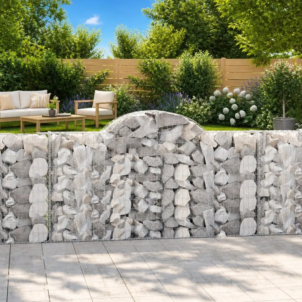 7 Piece Arched Gabion Baskets Decorative Garden Barrier Outdoor Retaining Wall Silver Galvanised Iron 200x30x100120cm