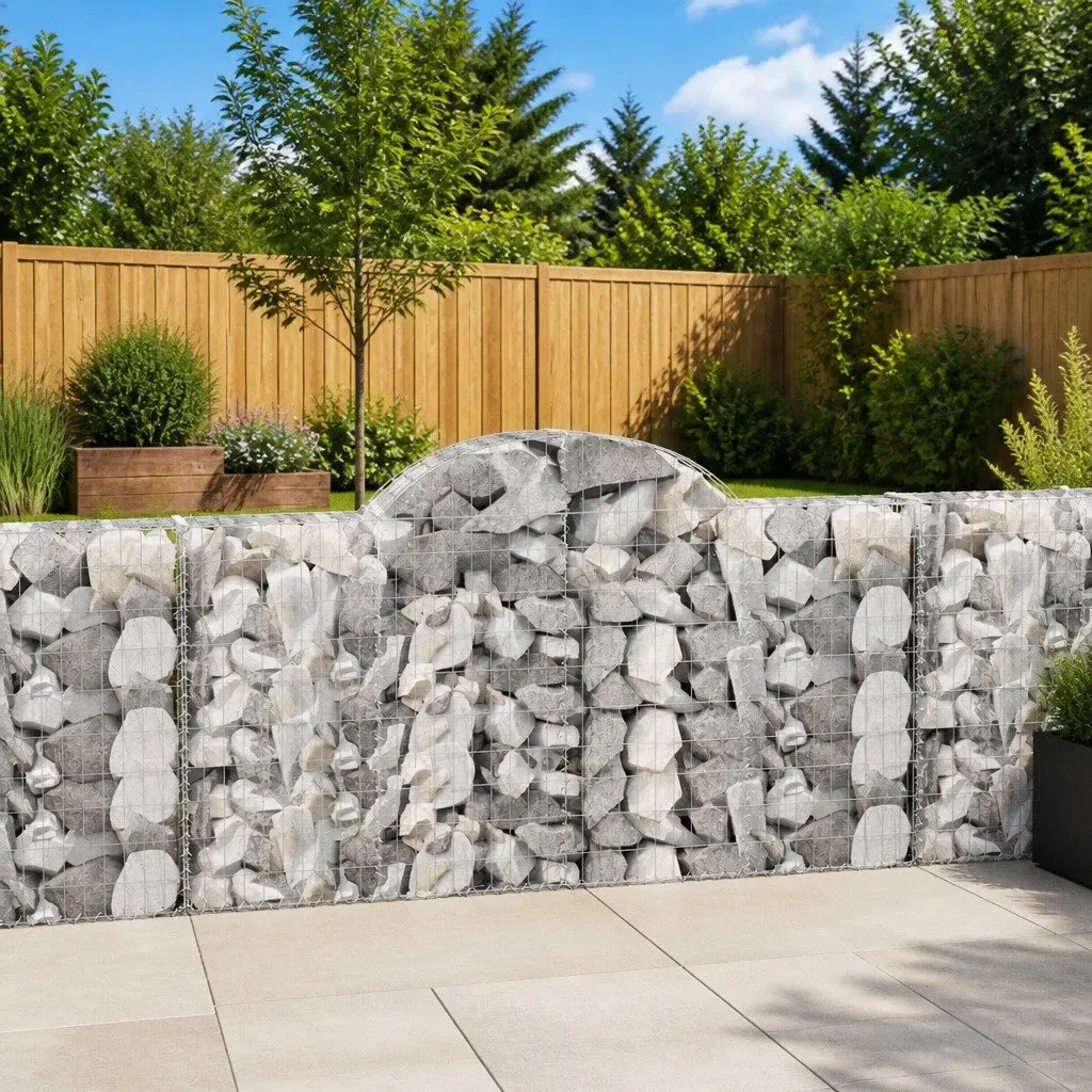 Arched Gabion Baskets Silver Galvanised Iron Decorative Garden Barrier Retaining Wall 9 Piece Outdoor