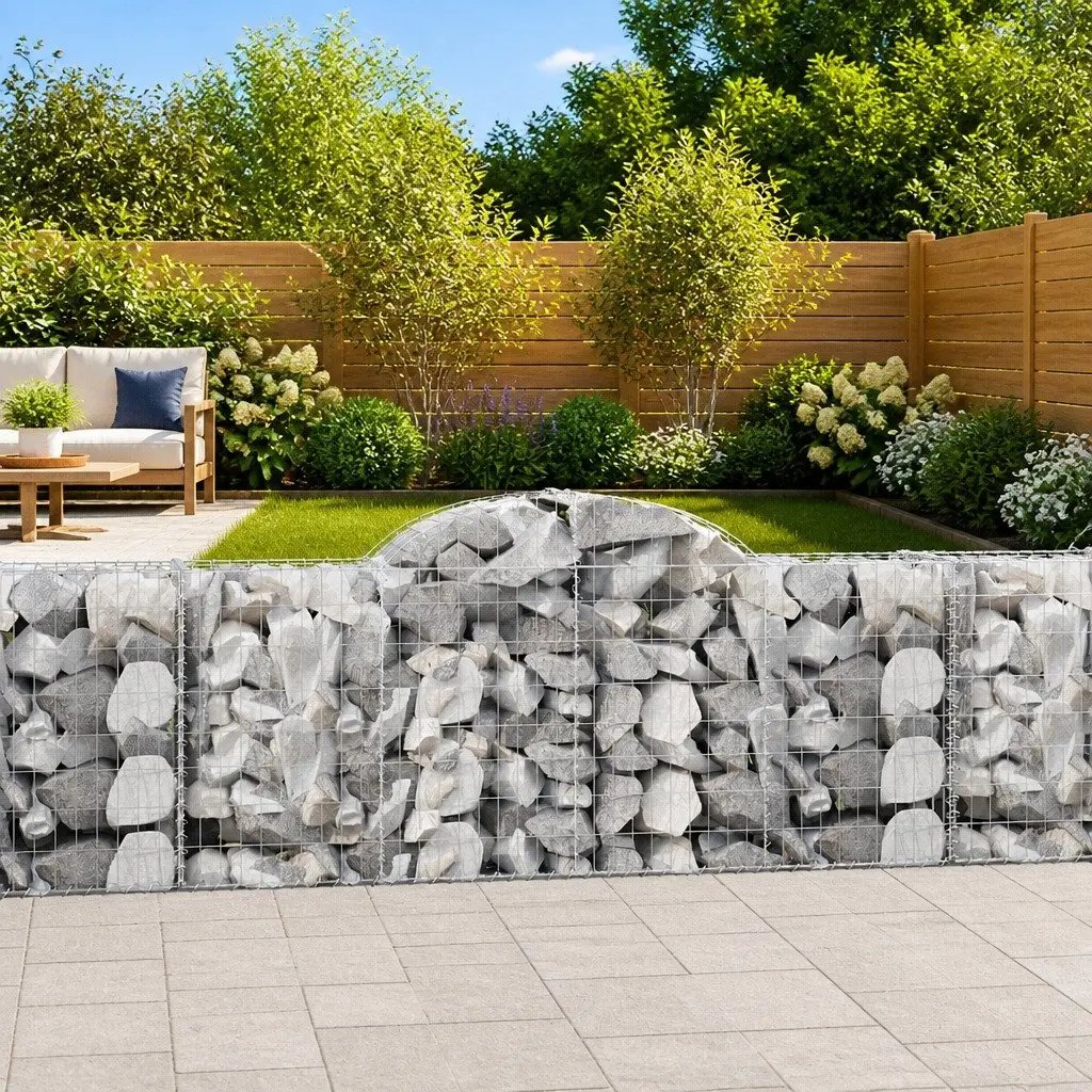 Gabion Baskets Set 3 Pieces Galvanised Iron Silver Arched Decorative Outdoor Garden Barrier 200x50x80/100cm