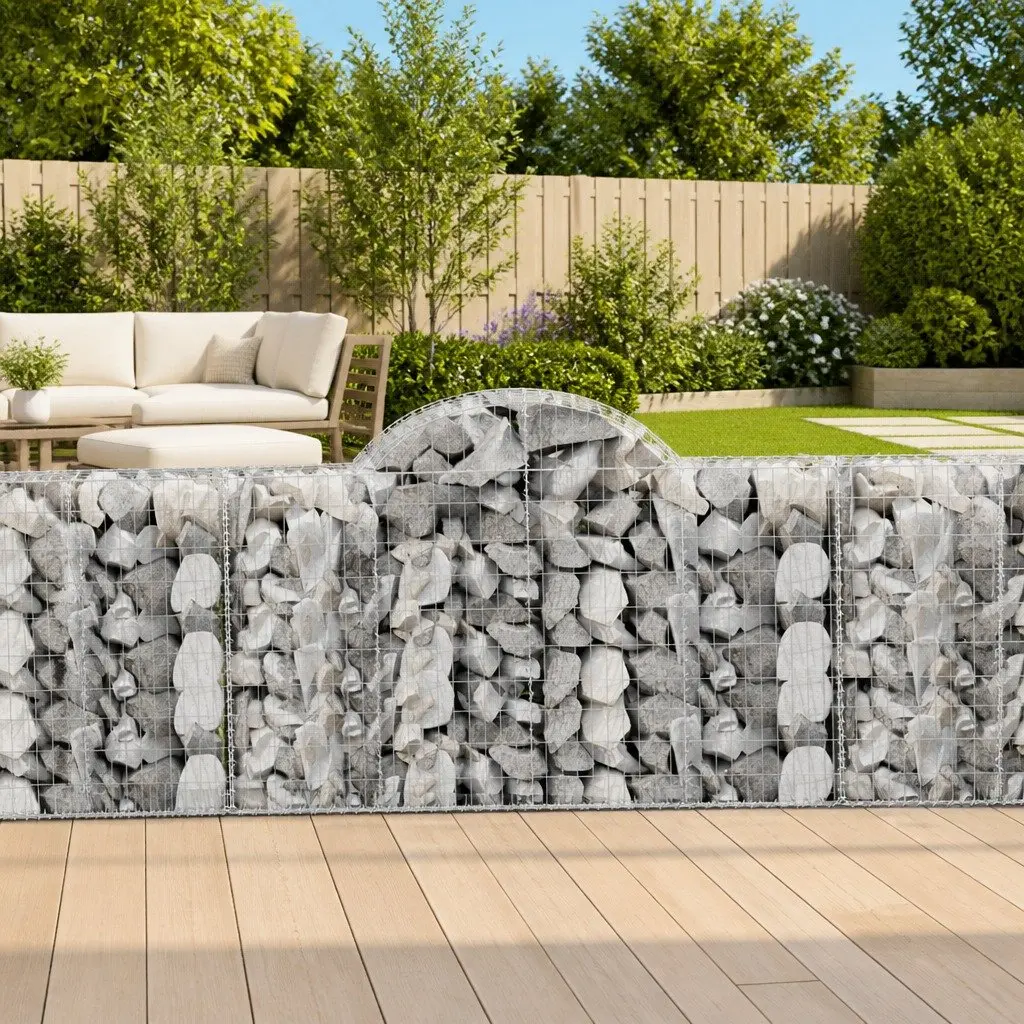 Gabion Baskets Arched Galvanised Iron 200 x 50 x 100/120 cm Silver 5 Piece Garden Barrier Retaining Wall Outdoor Decorative