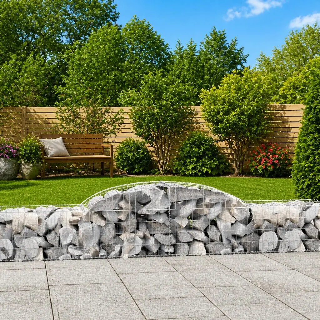 Set of 3 Arched Gabion Baskets Decorative Garden Barrier Retaining Wall Silver Galvanised Iron 300x50x4060cm Outdoor