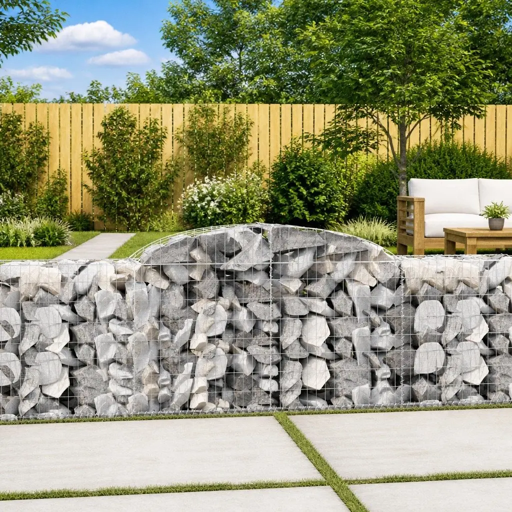 Arched Gabion Baskets Silver Galvanised Iron 300 x 50 x 80/100 cm Garden Barrier Retaining Wall 4 Piece Outdoor Decoration