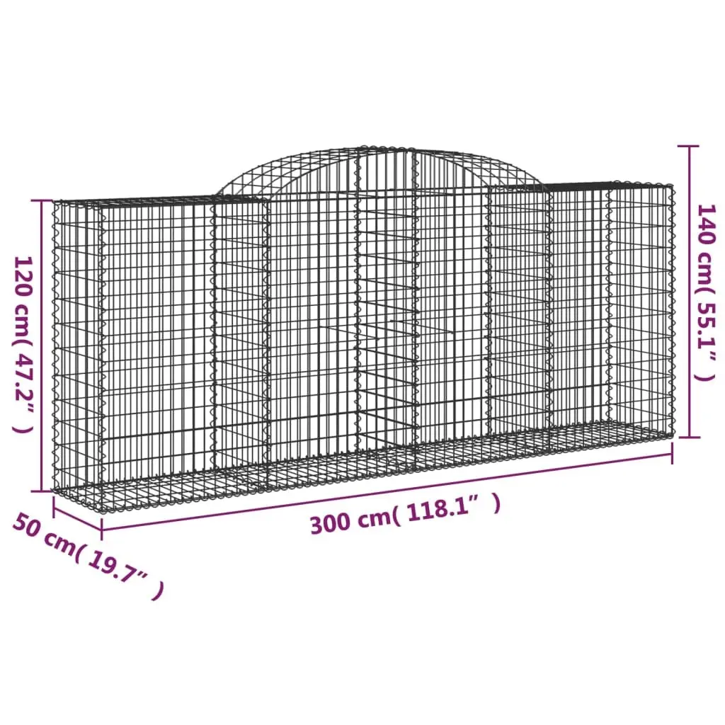 Gabion Baskets Arched Galvanised Iron 300x50x120/140 cm Silver 3 Piece Garden Barrier Retaining Wall Decorative Outdoor
